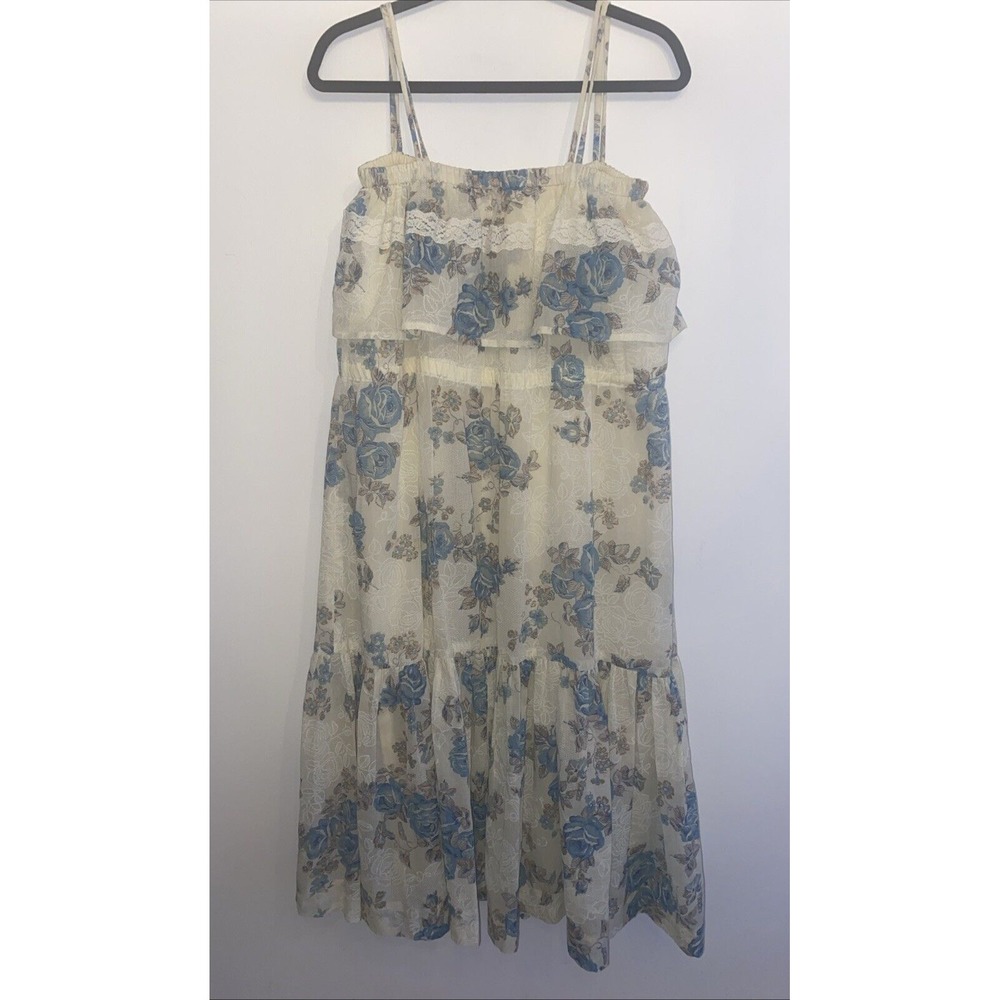 Ruffle Tiered Ivory Blue Floral Pattern Midi Dress Women's Handmade‎